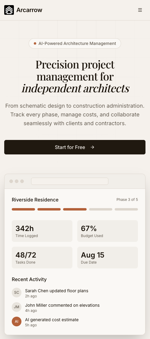 Arcarrow landing page for independent architects