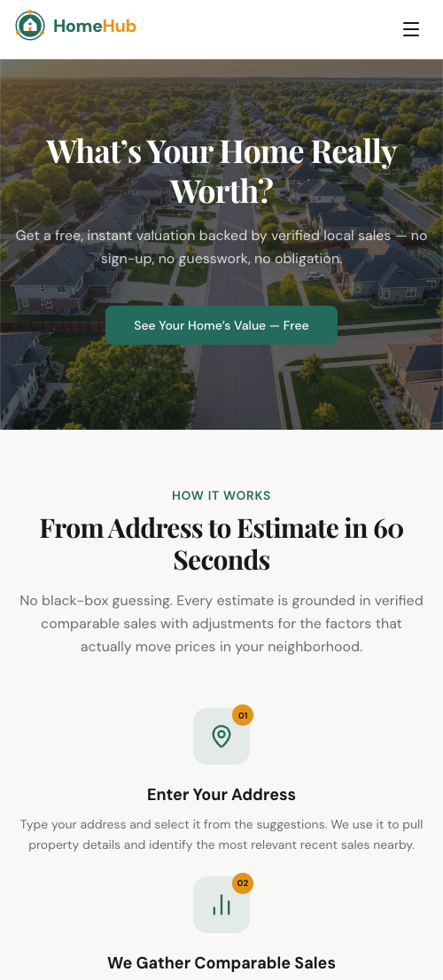 HomeHub landing page with home valuation call to action